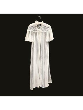 Vintage 60s Ivory Sheer Nylon Lace Peignoir Robe Plus Size XL/XXL
